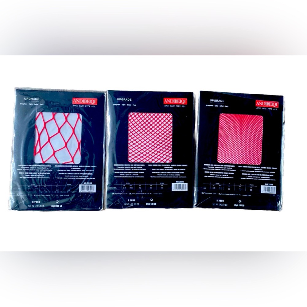3 pairs lot Andibeiqi Red Fishnets one size fits most, nylon spandex high waist